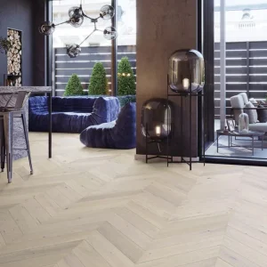 Parchet stratificat stejar lac mat, nuanță albă sidefată, Trivor Chevron 130, Barlinek, 130x725x14 mm