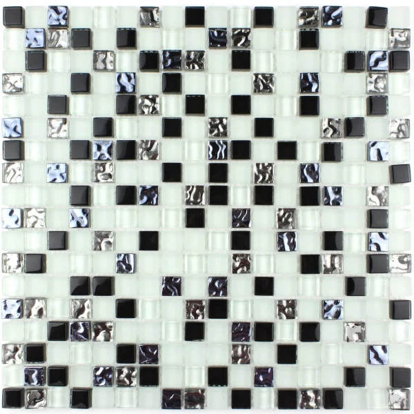 Mozaic sticlă și piatră alb cu negru și argintiu 300x300x8 mm A-MMX08-XX-003 Midas - Mozaic din sticla