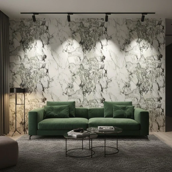 Gresie albă cu nervuri negre și inserții verzi, Allmarble Marazzi, 60x60 cm, M3CS