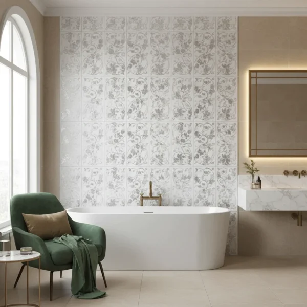 Decor faianță floral argintiu mat, 20x50 cm, Marazzi Stream White Decoro Reverse