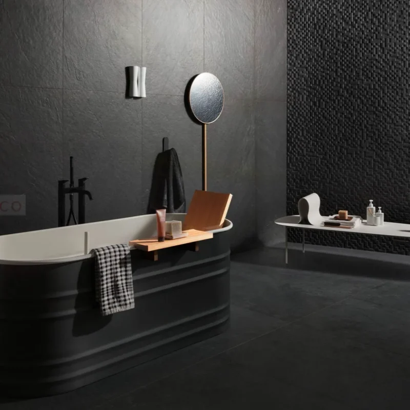 Gresie neagră striată baie, Marazzi Mystone Lavagna, 60x60 cm