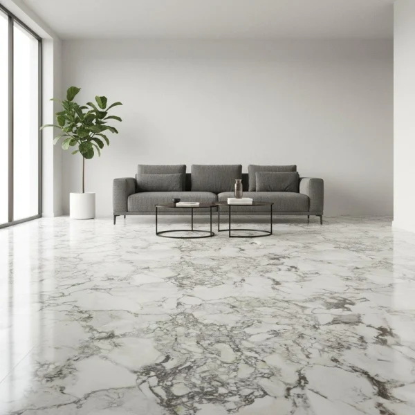 Gresie porțelanată albă cu nervuri gri-verzui, Allmarble Marazzi, 60x60 cm, M3AQ