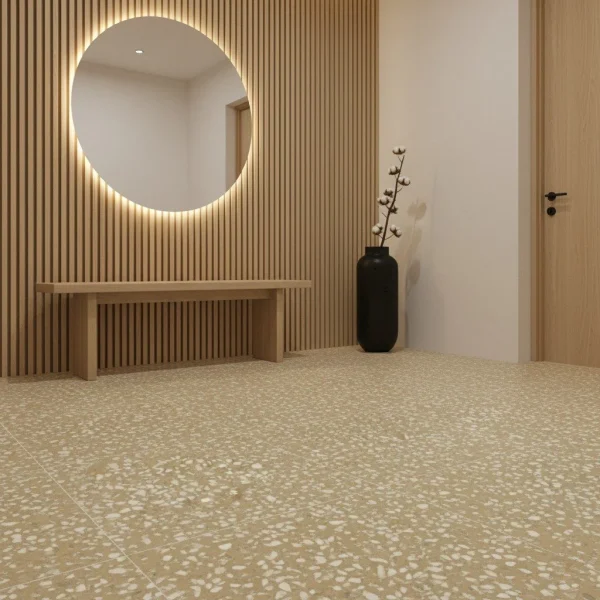 Gresie porțelanată galbenă cu inserții terrazzo, D_Segni Scaglie Marazzi, 20x20 cm