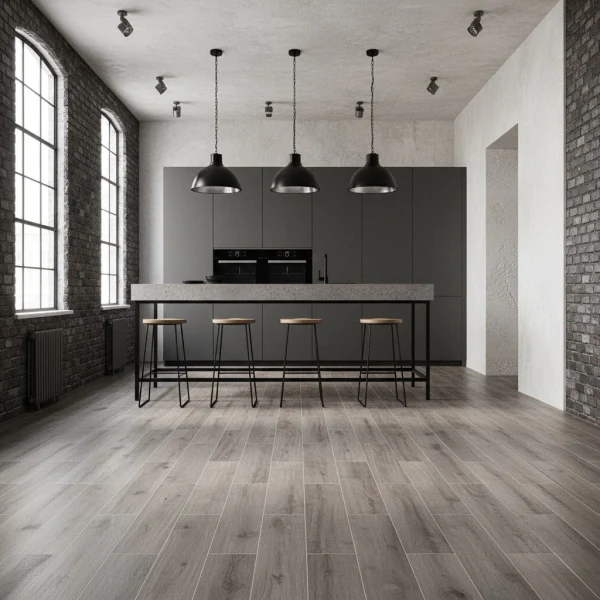 Gresie porțelanată, tip parchet, nervuri pronunțate de nuc, Treverkmore Fume Marazzi, 20x120 cm