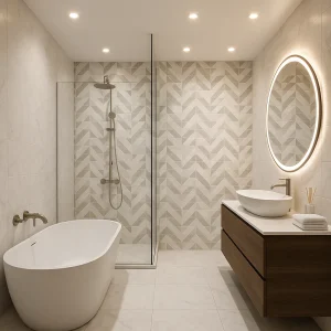 Faianta alba mata decor geometric baie, Marazzi Marbleplay Decoro Naos White 30x90 cm