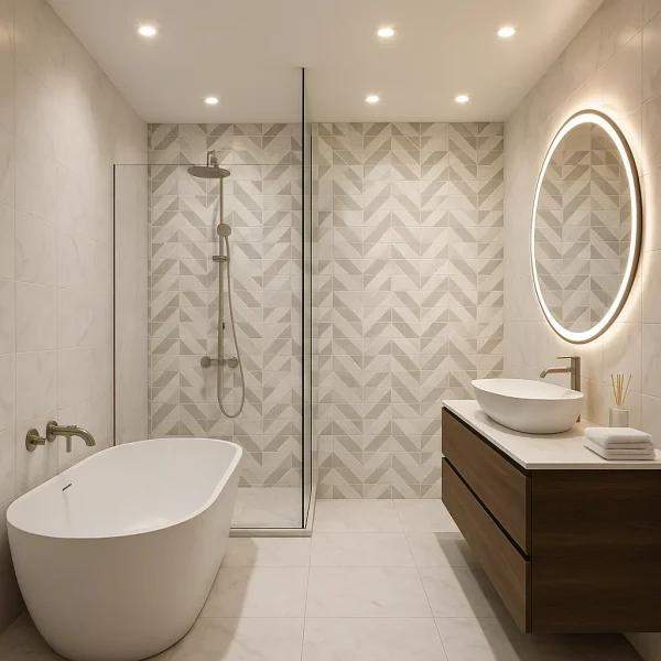 Faianta alba mata decor geometric baie, Marazzi Marbleplay Decoro Naos White 30x90 cm