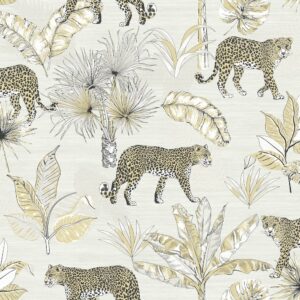 Tapet alb galben model tropical animal din vinil Grandeco Leopard White Wallpaper JF2101 10 ml x 0.53 ml