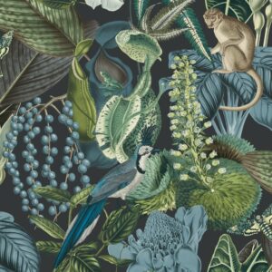 Tapet maro negru albastru verde teal model tropical pasari din vinil Grandeco Amazon Blue Wallpaper JF2202 10 ml x 0.53 ml