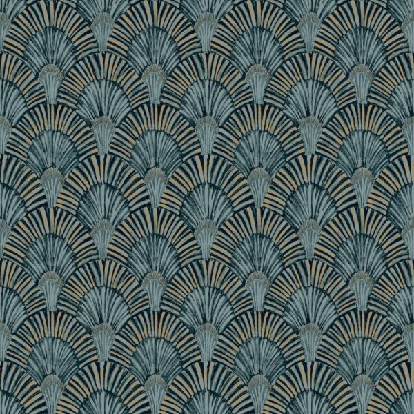 Tapet auriu albastru teal model artdeco fan din vinil Grandeco Deco Fan Deep Teal Wallpaper JF3001 10 ml x 0.53 ml