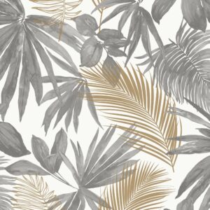 Tapet auriu gri model tropical din vinil Grandeco Wild Palms Grey Wallpaper JF3601 10 ml x 0.53 ml