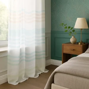 Perdele model in dungi alb verde bleo orange din poliester organza Joyce Gardisette latime material 300 cm