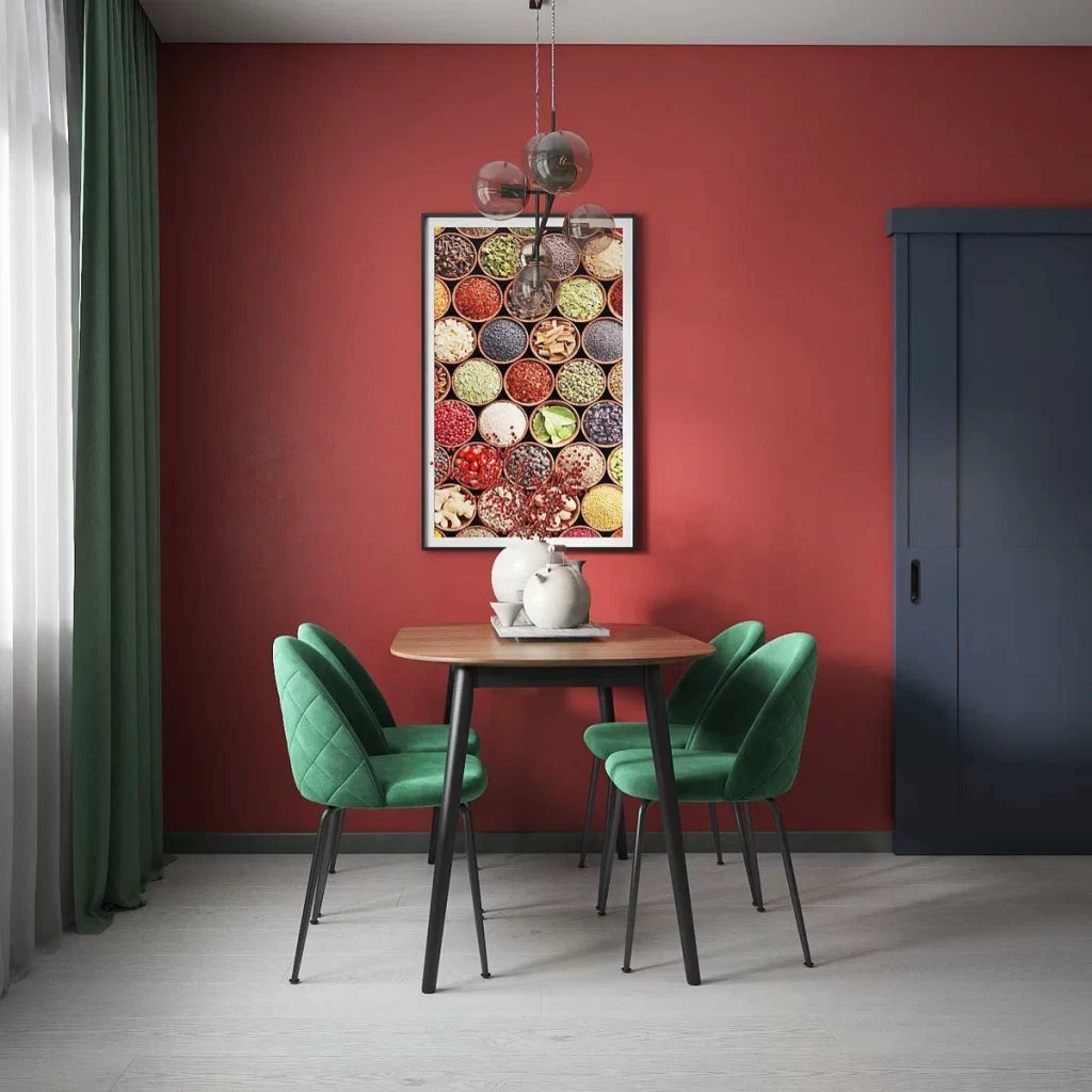 Living cu perete rosu scaun verde Cum se utilizează roșu într-un interior? Arta pop modernă