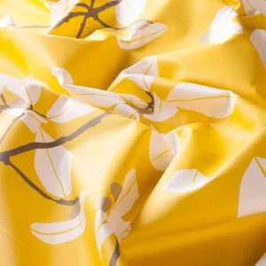 Perdele pentru copii model floral galben alb din poliester si bumbac printat satin Freya Gardisette latime material 280 cm