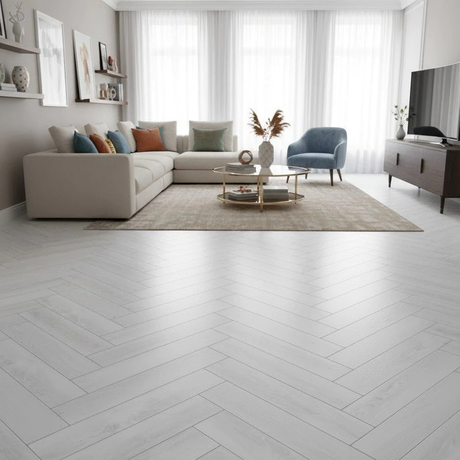 Parchet laminat finisaj alb-gri, herringbone 12mm AC6 4V 5G 627 Polar Oak Alsafloor - Parchet herringbone