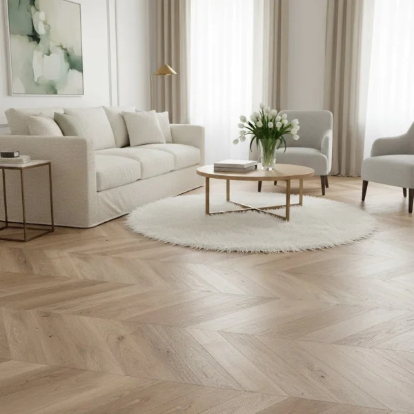 Parchet stejar alb-crem cu model chevron, Stejar Balos, Barlinek, 725x130x14 mm - Parchet chevron
