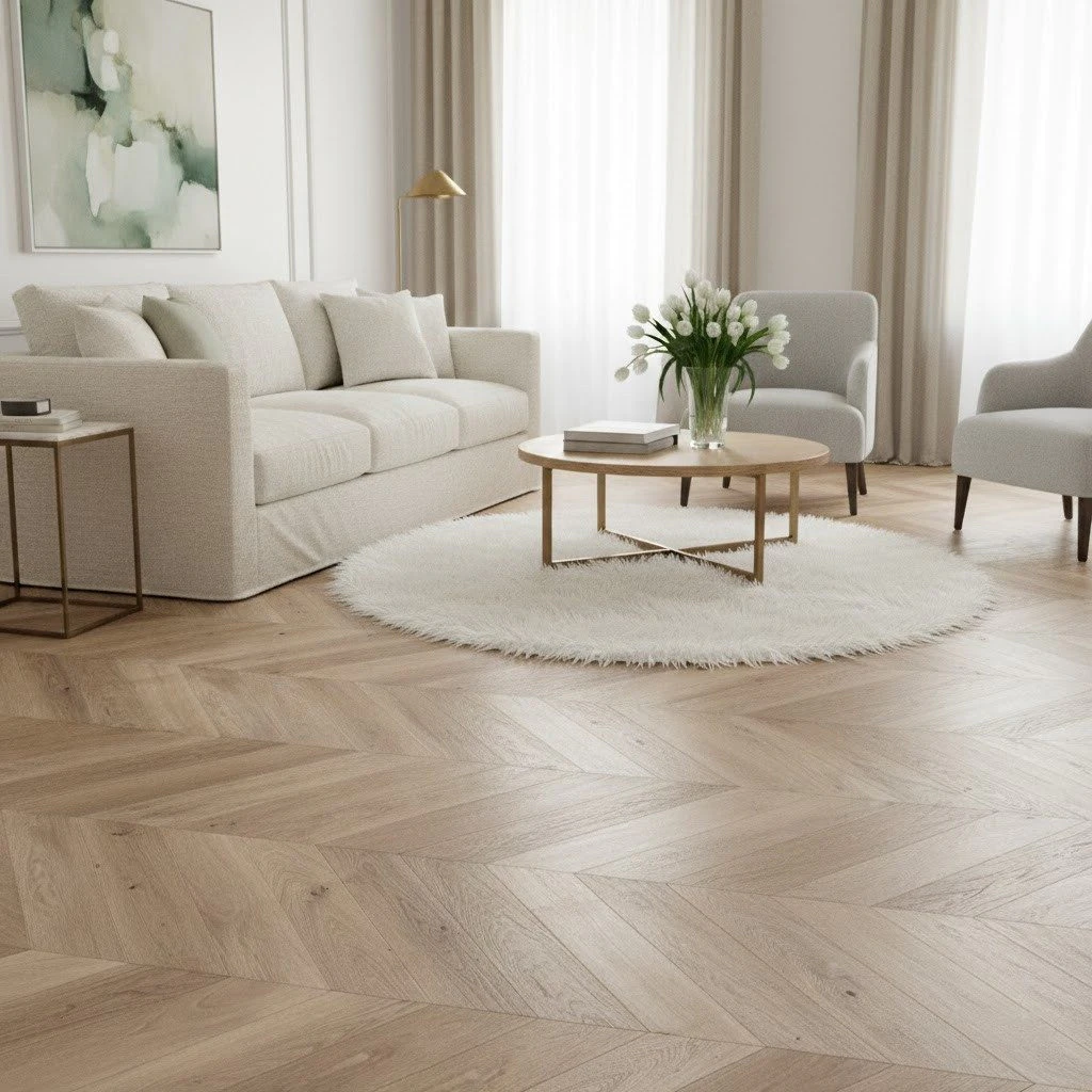 Parchet stejar alb-crem cu model chevron, Stejar Balos, Barlinek, 725x130x14 mm - Parchet chevron