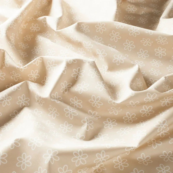Draperii model floral bej alb din poliester si bumbac printat satin Daisy Gardisette latime material 138 cm