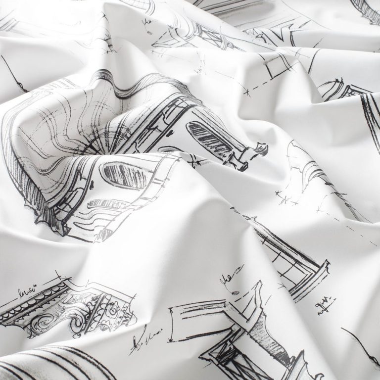 Draperii model grafic alb negru din poliester si bumbac printat satin Capitol Gardisette latime material 140 cm