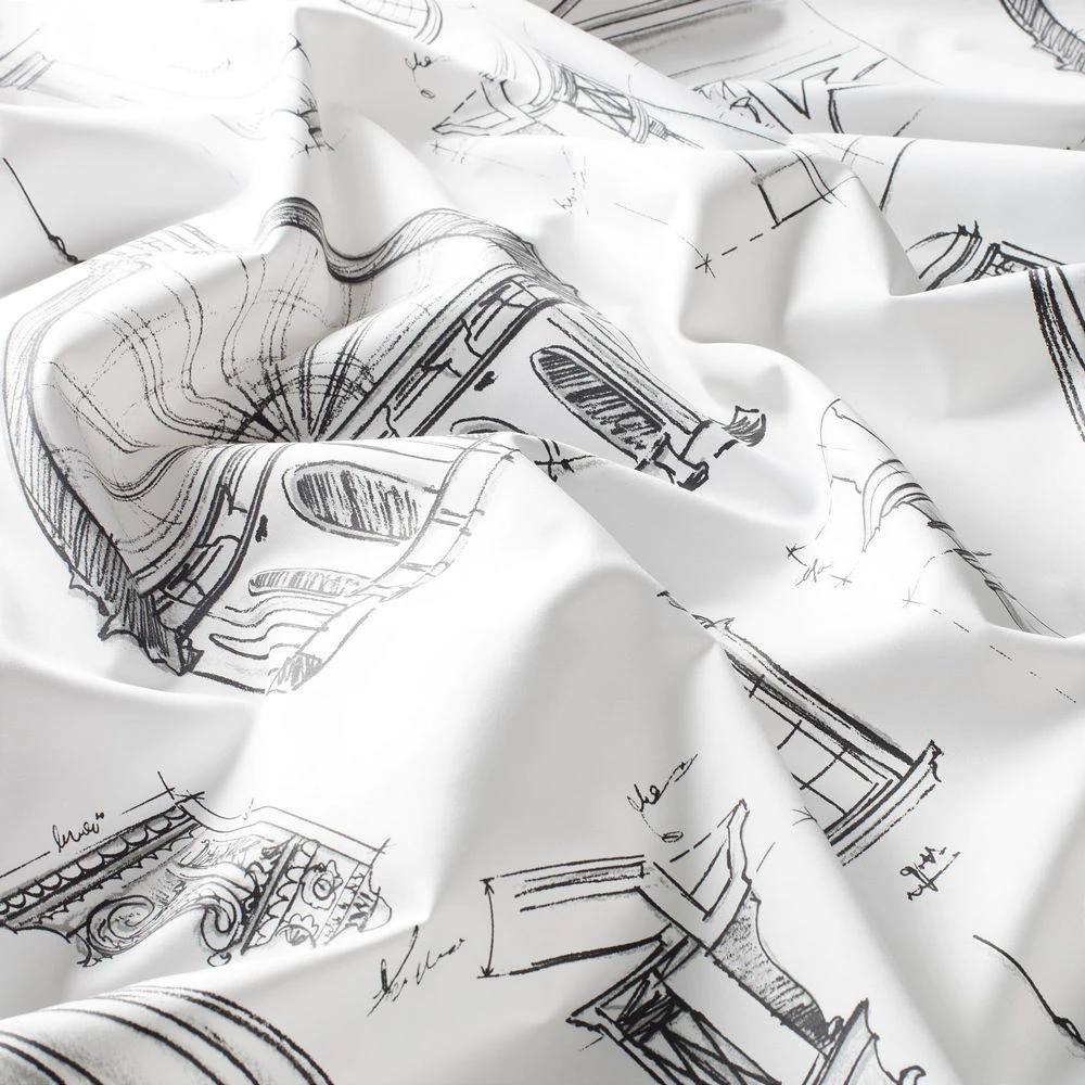 Draperii model grafic alb negru din poliester si bumbac printat satin Capitol Gardisette latime material 140 cm