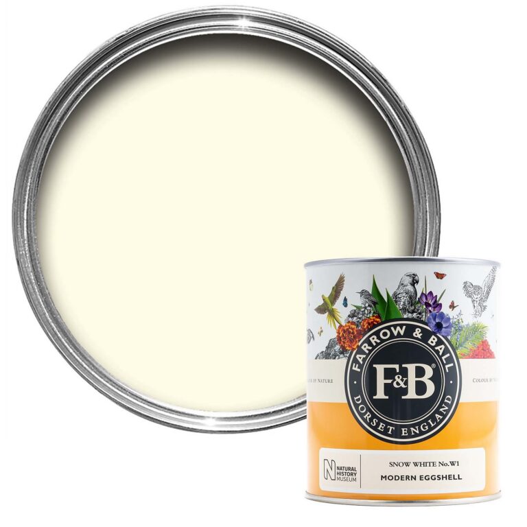 Vopsea alba satinata 20 la suta luciu pentru exterior Farrow and Ball Exterior Eggshell NHM Snow White No.W1 2.5 Litri