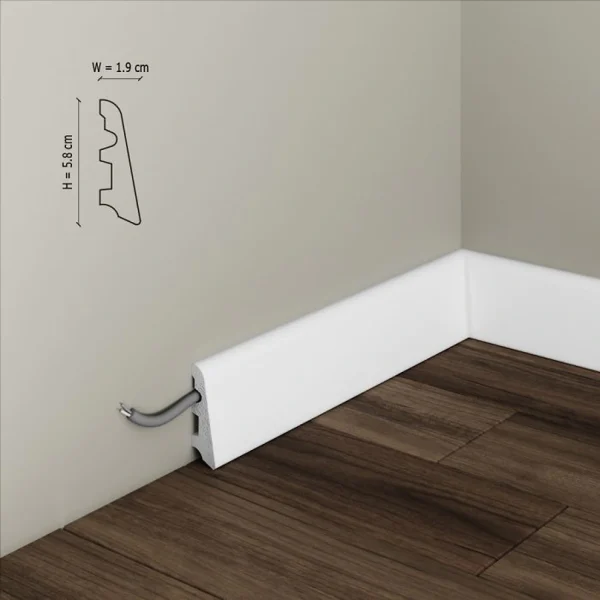 Plintă duropolimer albă cu profil minimalist, Manavi S16, 58x18x2000 mm