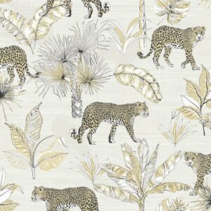 Tapet alb galben model tropical animal din vinil Grandeco Leopard White Wallpaper JF2101 10 ml x 0.53 ml