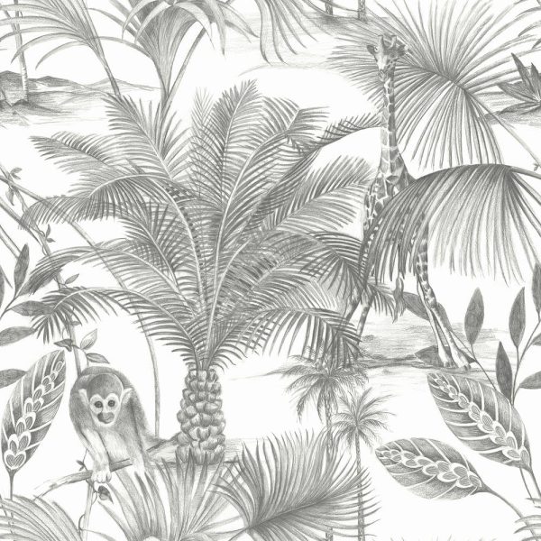 Tapet alb gri model tropical animal din vinil Grandeco Kidatu Grey and White Wallpaper JF3501 10 ml x 0.53 ml