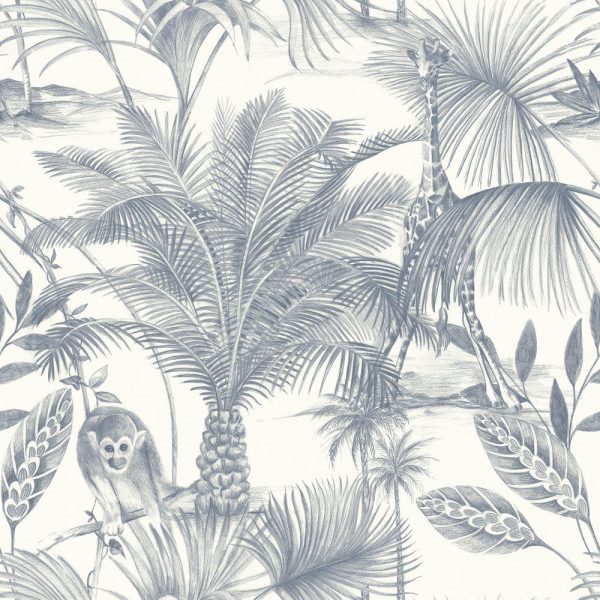 Tapet albastru model tropical animal din vinil Grandeco Kidatu Blue Wallpaper JF3502 10 ml x 0.53 ml