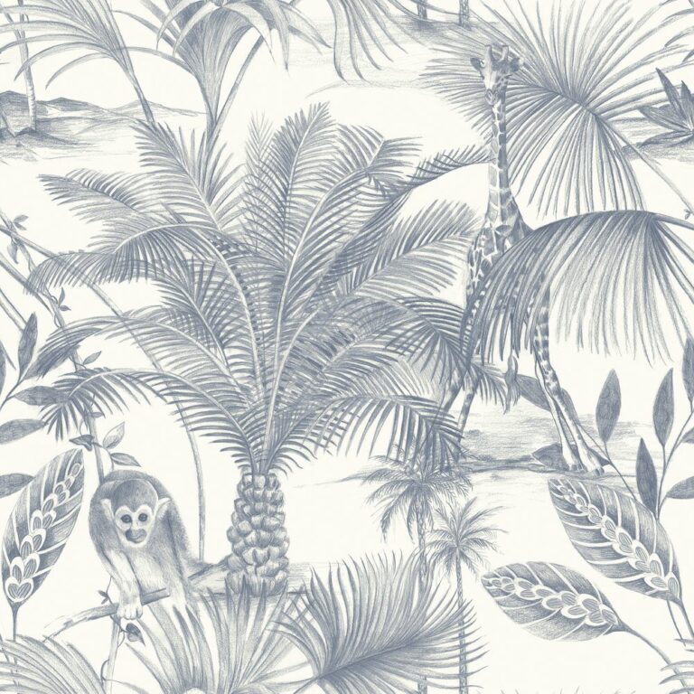 Tapet albastru model tropical animal din vinil Grandeco Kidatu Blue Wallpaper JF3502 10 ml x 0.53 ml
