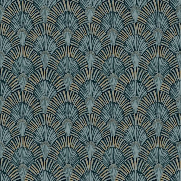 Tapet auriu albastru teal model artdeco fan din vinil Grandeco Deco Fan Deep Teal Wallpaper JF3001 10 ml x 0.53 ml