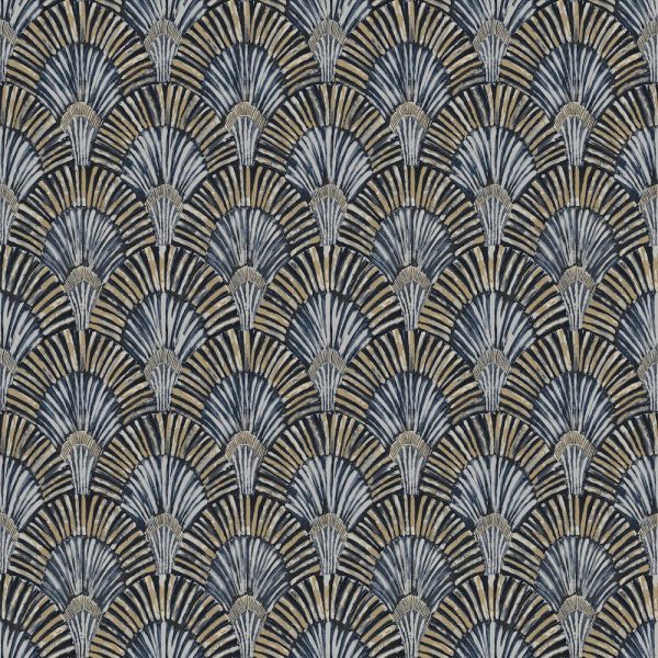 Tapet auriu gri albastru model artdeco fan din vinil Grandeco Deco Fan Blue Wallpaper JF3002 10 ml x 0.53 ml