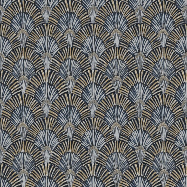 Tapet auriu gri albastru model artdeco fan din vinil Grandeco Deco Fan Blue Wallpaper JF3002 10 ml x 0.53 ml
