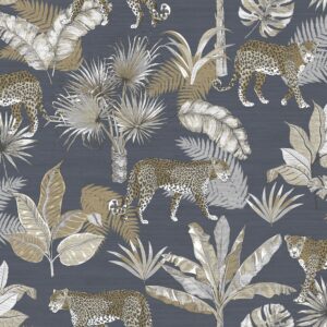 Tapet auriu gri albastru model tropical animal din vinil Grandeco Leopard Blue Wallpaper JF2102 10 ml x 0.53 ml