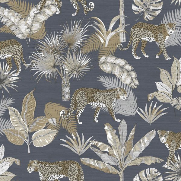 Tapet auriu gri albastru model tropical animal din vinil Grandeco Leopard Blue Wallpaper JF2102 10 ml x 0.53 ml