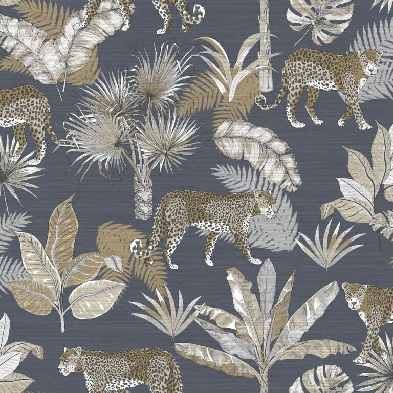 Tapet auriu gri albastru model tropical animal din vinil Grandeco Leopard Blue Wallpaper JF2102 10 ml x 0.53 ml