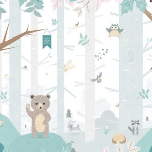 Tapet copii Forest Animals, Smalltalks, gri-turcoaz, BN Decor