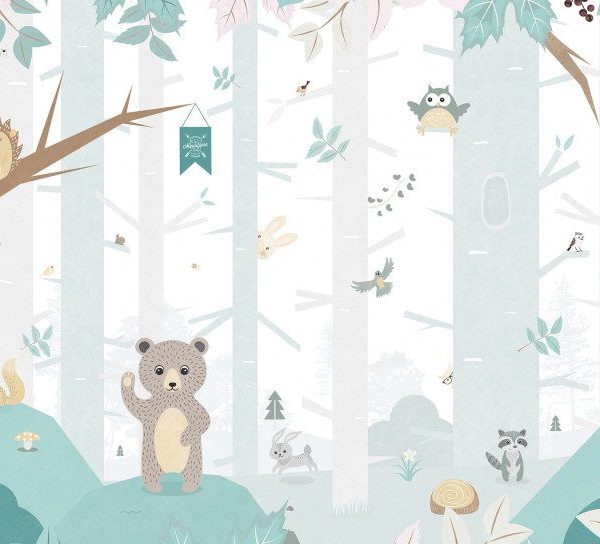 Tapet copii Forest Animals, Smalltalks, gri-turcoaz, BN Decor