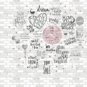 Tapet modern decorativ, alb, design graffiti artistic, colaj text, interior