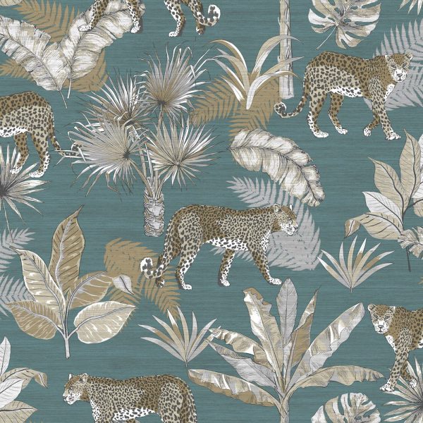 Tapet maro gri teal model tropical animal din vinil Grandeco Leopard Teal Wallpaper JF2104 10 ml x 0.53 ml