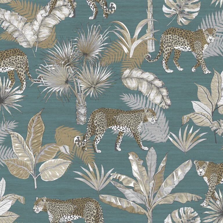Tapet maro gri teal model tropical animal din vinil Grandeco Leopard Teal Wallpaper JF2104 10 ml x 0.53 ml
