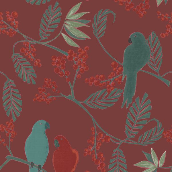 Tapet rosu verde teal model pasari copaci din vinil Grandeco Marakai Red Wallpaper JF3402 10 ml x 0.53 ml