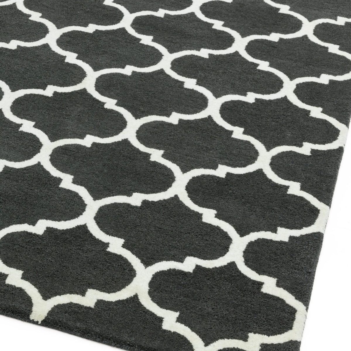 Covor gri din lână model moroccan, Albany Ogee Charcoal 12mm, 80x150cm