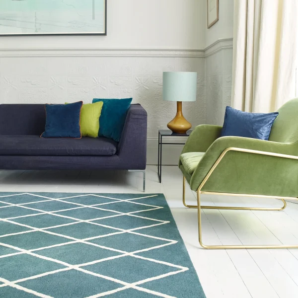 Covor teal din lana lucrat manual modern model morroccan geometric Albany Diamond Teal 12 mm 120x170 cm ALBA120170TEAL
