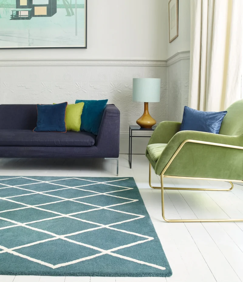 Covor teal din lana lucrat manual modern model morroccan geometric Albany Diamond Teal 12 mm 160x230 cm ALBA160230TEAL - imagine 2
