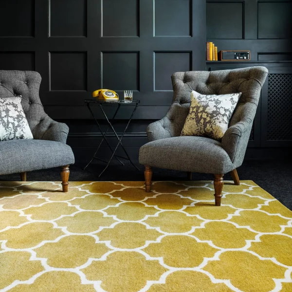 Covor ocru din lana lucrat manual modern model morroccan geometric Albany Ogee Ochre 12 mm 80x150 cm ALBA080150OCHR