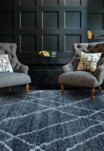 Covor albastru crem, geometric, polipropilena, modern, shaggy, Alto Blue and Cream, 80x240 cm