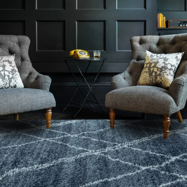 Covor albastru crem, geometric, polipropilena, modern, shaggy, Alto Blue and Cream, 80x240 cm