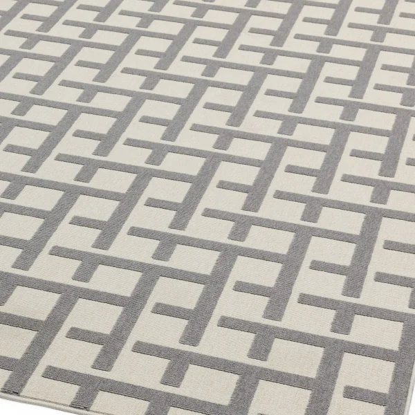 Covor alb gri din polipropilena modern outdoor model geometric 3d Antibes White Grey Grid 6 mm 80x150 cm ANTB080150AN03