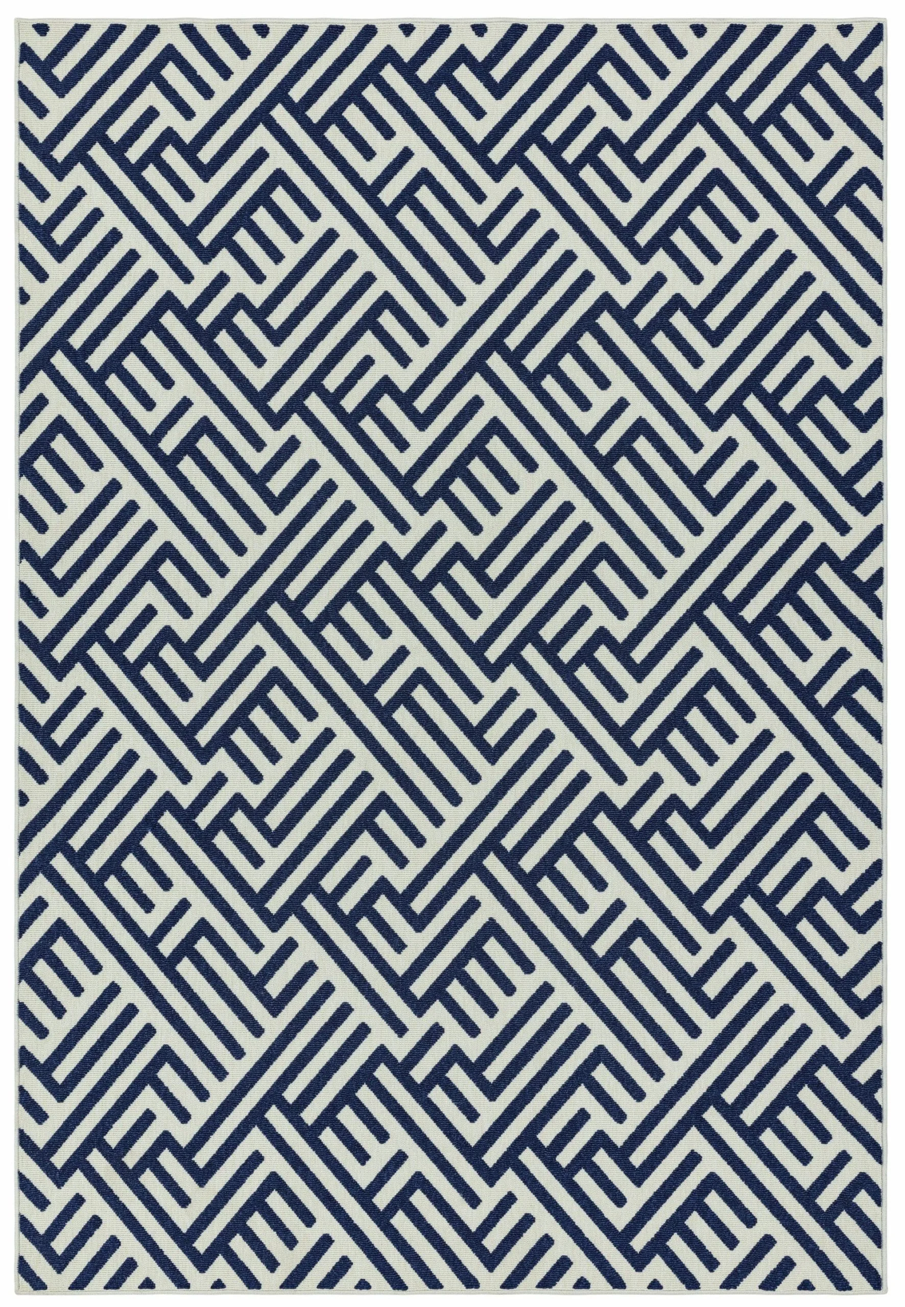 Covor albastru alb din polipropilena modern outdoor model geometric 3d Antibes Blue White Linear 6 mm 200×290 cm ANTB200290AN04