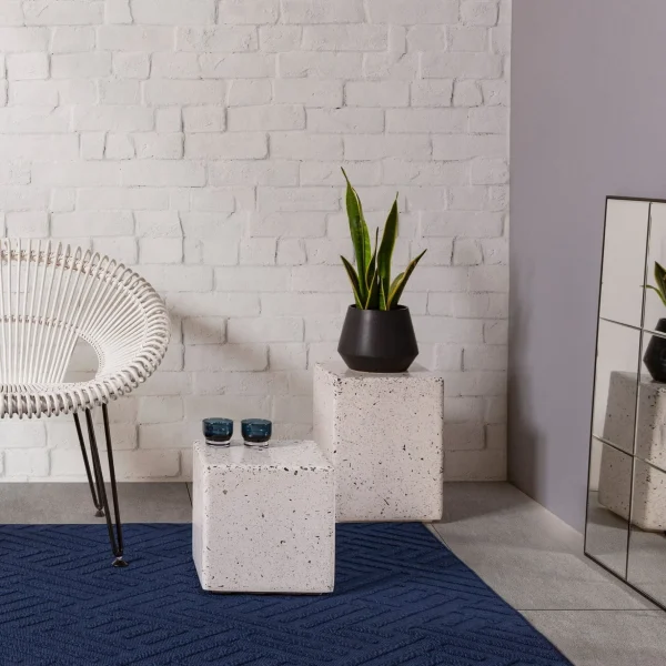 Covor albastru din polipropilena modern outdoor model geometric 3d Antibes Blue Linear 6 mm 80x150 cm ANTB080150AN05